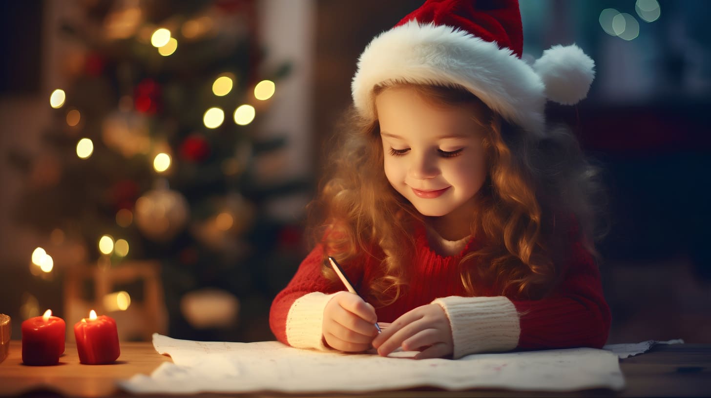 サンタの格好で手紙を書く幼女