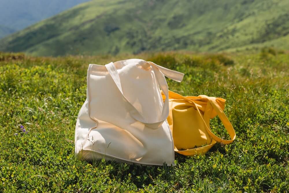 草原の上に置かれた白と黄色のキャンパストートバッグ
